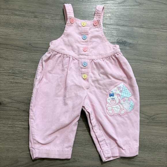 Other - Vtg Pink Corduroy Romper Overalls Embroidered Teddy Bear Balloon 6-9 Months